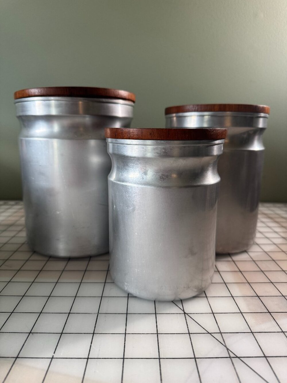 Vintage Atapco MCM Aluminum & Siam Teak Nesting Kitchen Canister Set 3pc
